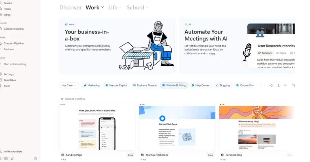 Screenshot of Notion’s template dashboard showing landing page, startup pitch deck, and blog layout