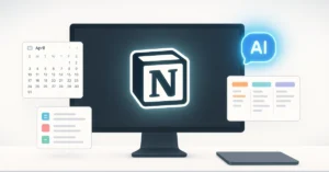 Modern Notion workspace with AI tools, databases, and calendar views