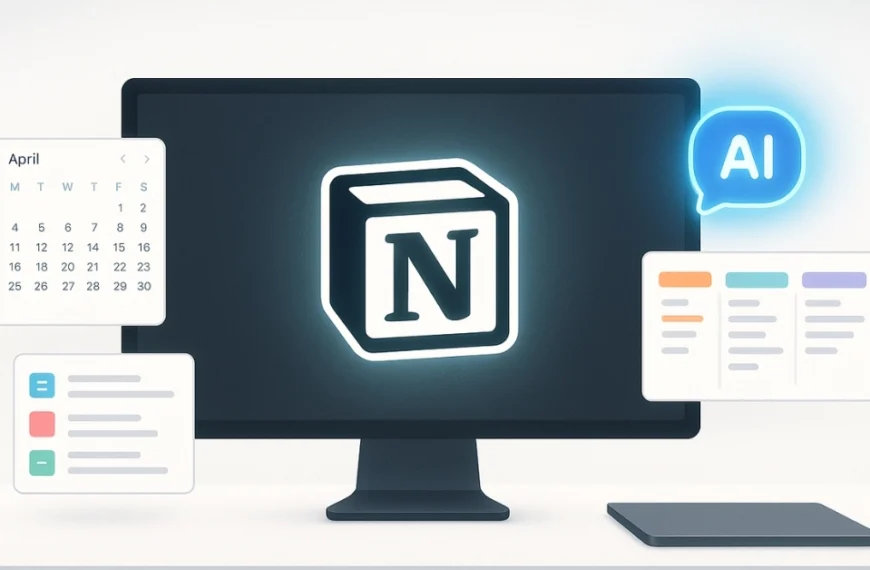 Modern Notion workspace with AI tools, databases, and calendar views