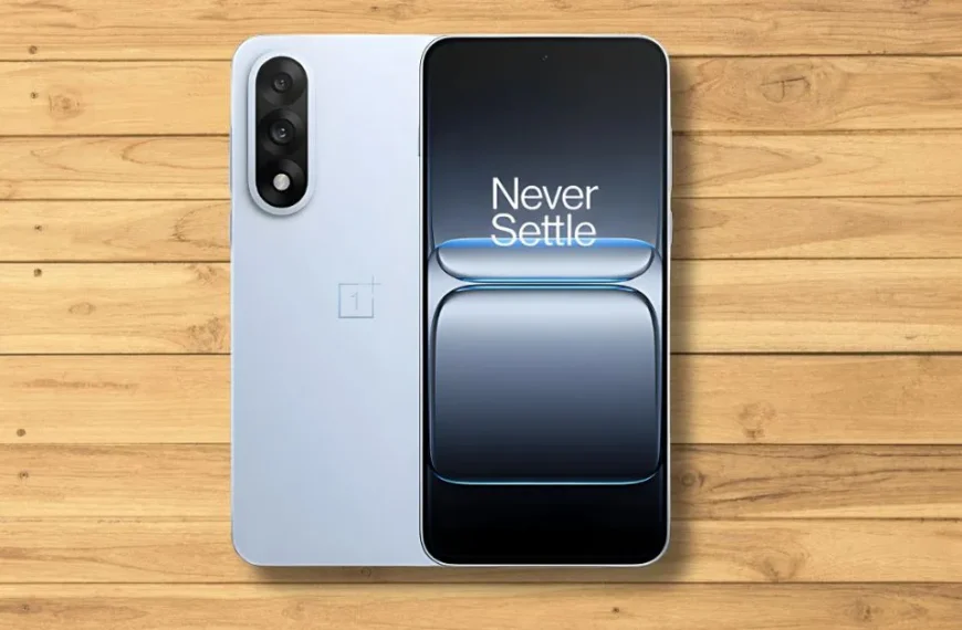 OnePlus Nord 5 phone placed on a light wooden tabletop with a clean, minimal background