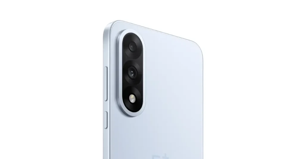 OnePlus Nord 5’s triple camera module featuring a 50MP Sony sensor with OIS, placed on a light blue matte finish rear panel