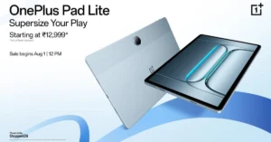OnePlus Pad Lite tablet front and back view with ₹12,999 price tag and August 1 sale date