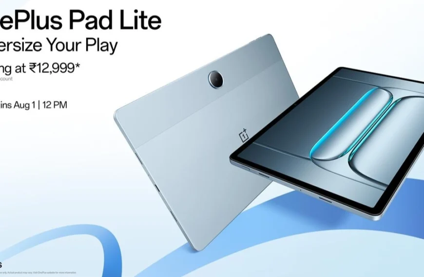 OnePlus Pad Lite tablet front and back view with ₹12,999 price tag and August 1 sale date