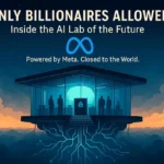 Futuristic AI lab floating in the clouds with Meta logo and silhouettes of billionaires inside