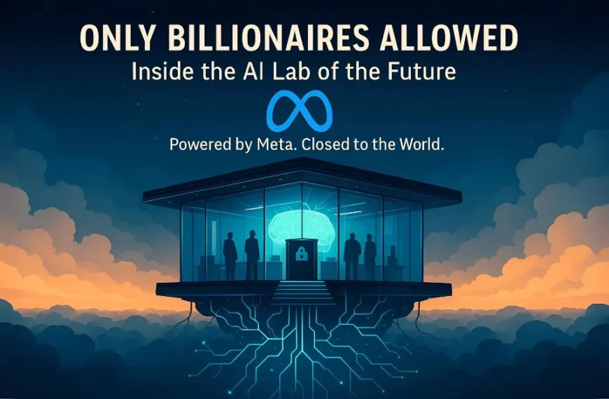 Futuristic AI lab floating in the clouds with Meta logo and silhouettes of billionaires inside