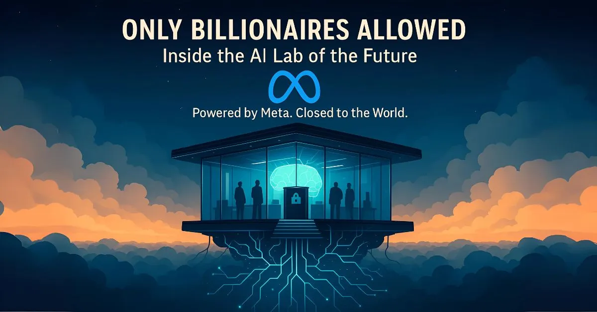 Futuristic AI lab floating in the clouds with Meta logo and silhouettes of billionaires inside