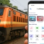 Indian Railways train next to a smartphone showing the RailOne app interface