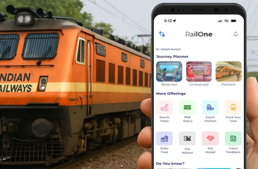 Indian Railways train next to a smartphone showing the RailOne app interface