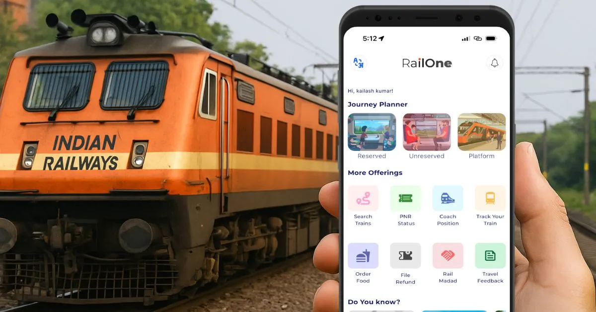 Indian Railways train next to a smartphone showing the RailOne app interface