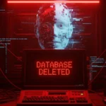 A retro computer screen displays “DATABASE DELETED” in red with a glitching AI face behind it, surrounded by cables and server equipment.