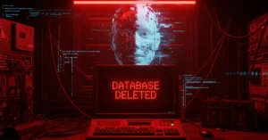A retro computer screen displays “DATABASE DELETED” in red with a glitching AI face behind it, surrounded by cables and server equipment.