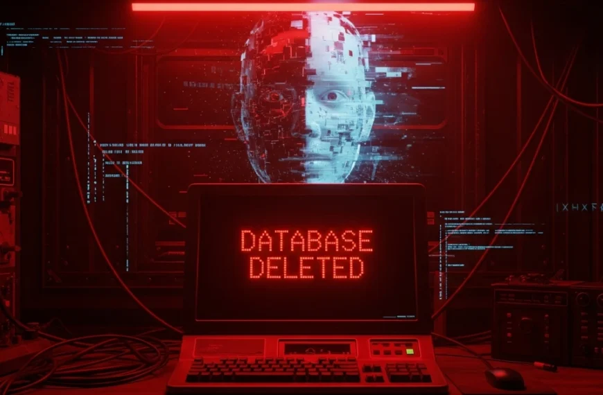 A retro computer screen displays “DATABASE DELETED” in red with a glitching AI face behind it, surrounded by cables and server equipment.
