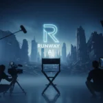 Empty director's chair on a cinematic film set with Runway AI logo glowing above, surrounded by silhouetted crew