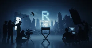 Empty director's chair on a cinematic film set with Runway AI logo glowing above, surrounded by silhouetted crew