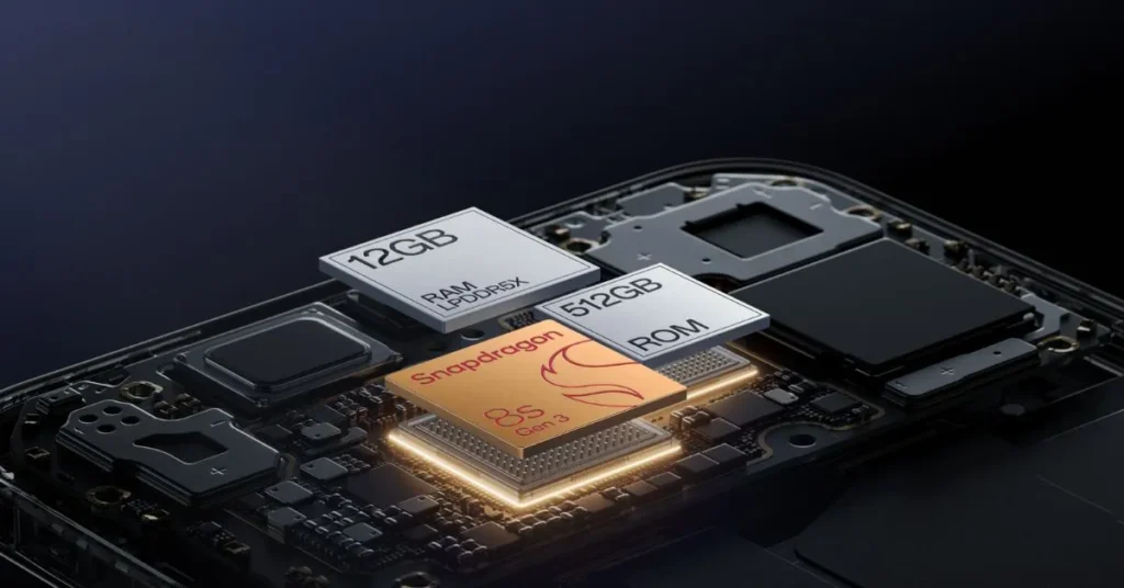 Close-up visual of Snapdragon 8s Gen 3 chipset with LPDDR5X RAM and UFS 3.1 storage labels on a smartphone motherboard