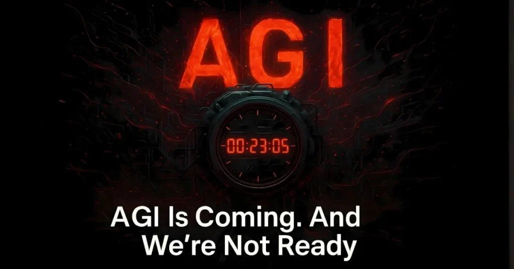 Futuristic countdown timer with glowing red “AGI” surrounded by digital chaos