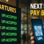 Airport departure board showing UPI Accepted next to cities with a hand holding a UPI QR phone