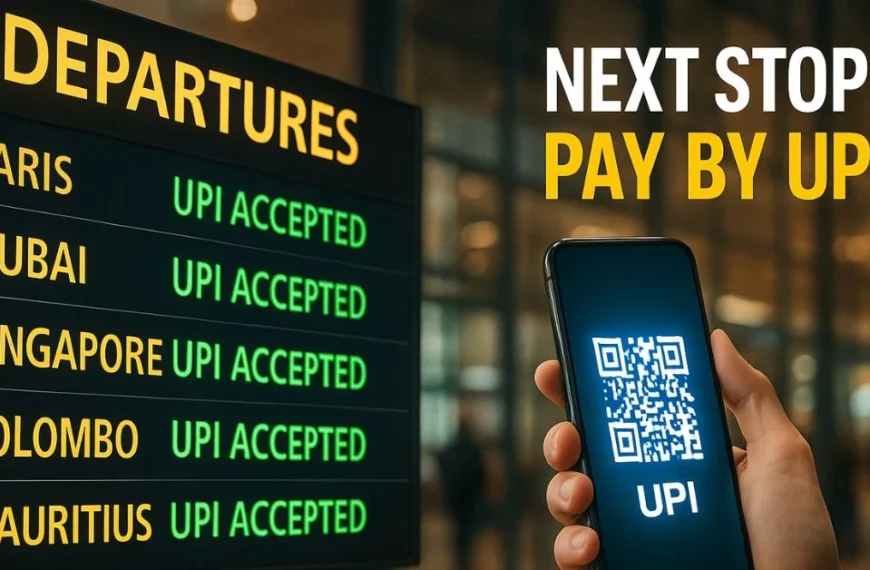 Airport departure board showing UPI Accepted next to cities with a hand holding a UPI QR phone