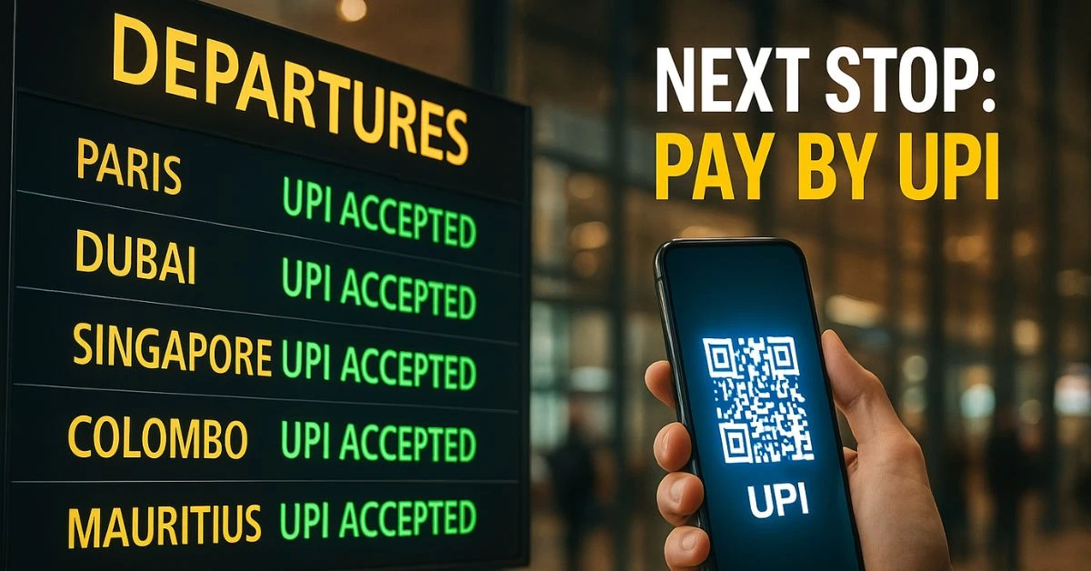 Airport departure board showing UPI Accepted next to cities with a hand holding a UPI QR phone