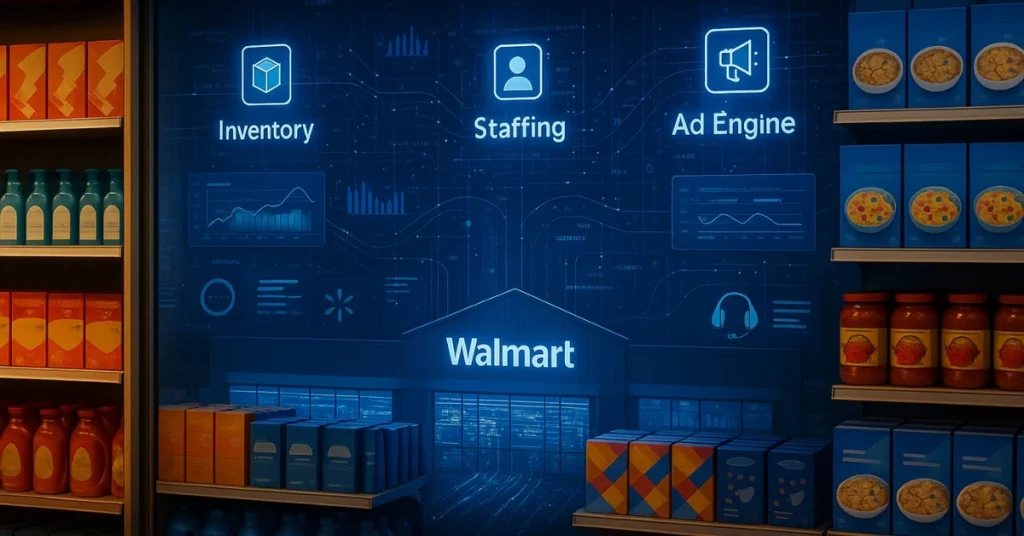 A Walmart store aisle with grocery products in front and a digital control center behind the shelves showing AI systems labeled Inventory, Staffing, and Ad Engine.