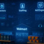 A Walmart store aisle with grocery products in front and a digital control center behind the shelves showing AI systems labeled Inventory, Staffing, and Ad Engine.