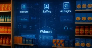 A Walmart store aisle with grocery products in front and a digital control center behind the shelves showing AI systems labeled Inventory, Staffing, and Ad Engine.