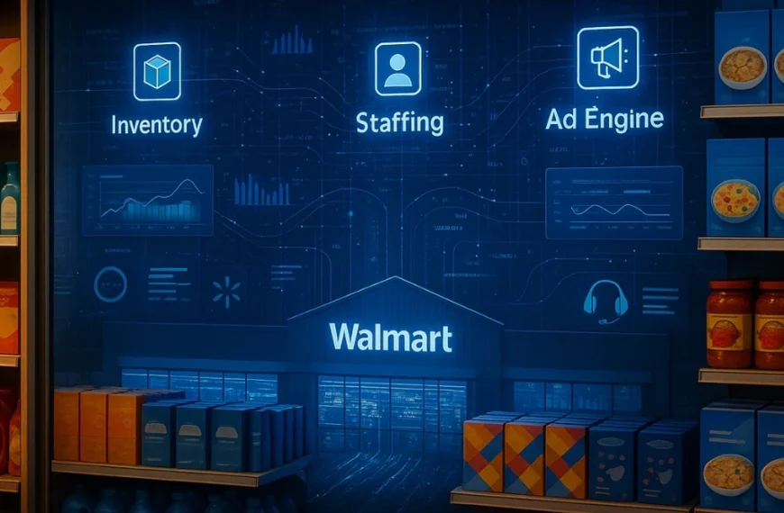 A Walmart store aisle with grocery products in front and a digital control center behind the shelves showing AI systems labeled Inventory, Staffing, and Ad Engine.