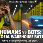 A tired human warehouse worker faces off with a sleek Amazon robot in a split-screen battle scene.