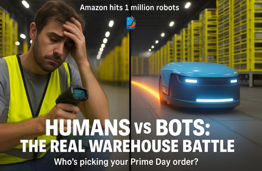 A tired human warehouse worker faces off with a sleek Amazon robot in a split-screen battle scene.