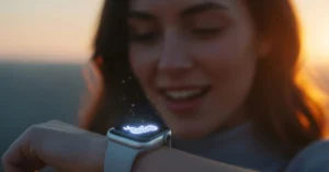 A woman with a soft, joyful expression looks down at her Apple Watch in the warm glow of sunrise. The watch on her wrist is illuminated, displaying a small, glowing holographic icon of a baby, creating an intimate and emotional scene.