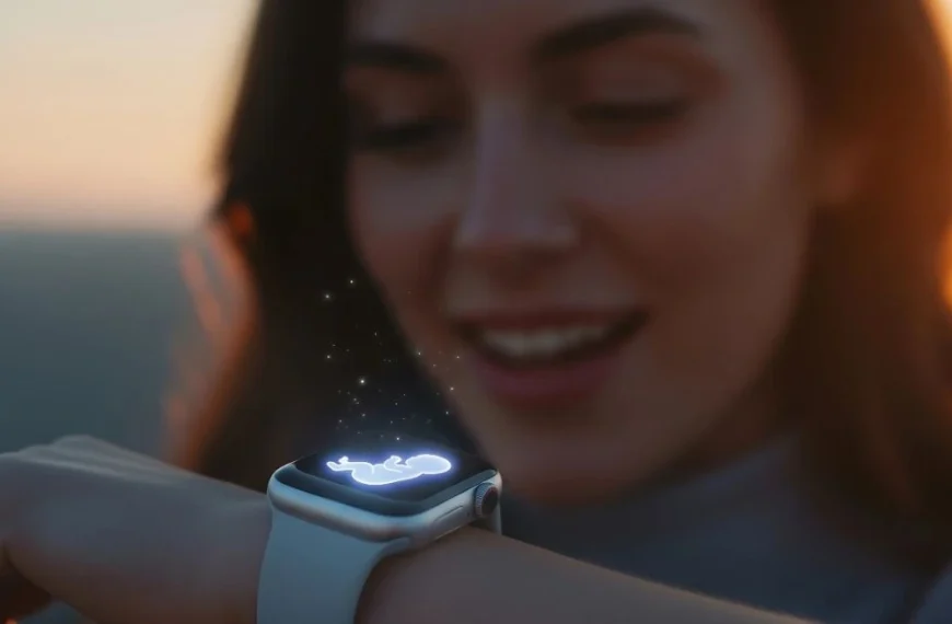 A woman with a soft, joyful expression looks down at her Apple Watch in the warm glow of sunrise. The watch on her wrist is illuminated, displaying a small, glowing holographic icon of a baby, creating an intimate and emotional scene.
