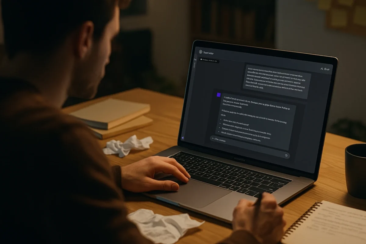 A writer working on a laptop with a ChatGPT interface on screen, seated at a wooden desk.