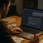 A writer working on a laptop with a ChatGPT interface on screen, seated at a wooden desk.