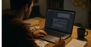 A writer working on a laptop with a ChatGPT interface on screen, seated at a wooden desk.