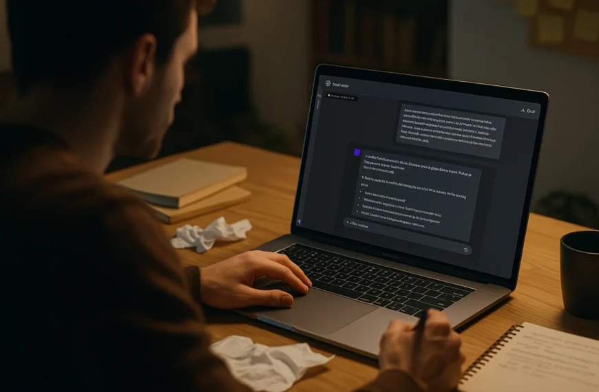 A writer working on a laptop with a ChatGPT interface on screen, seated at a wooden desk.