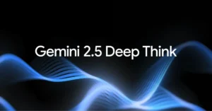 Gemini 2.5 Deep Think AI branding visual with abstract wave lines