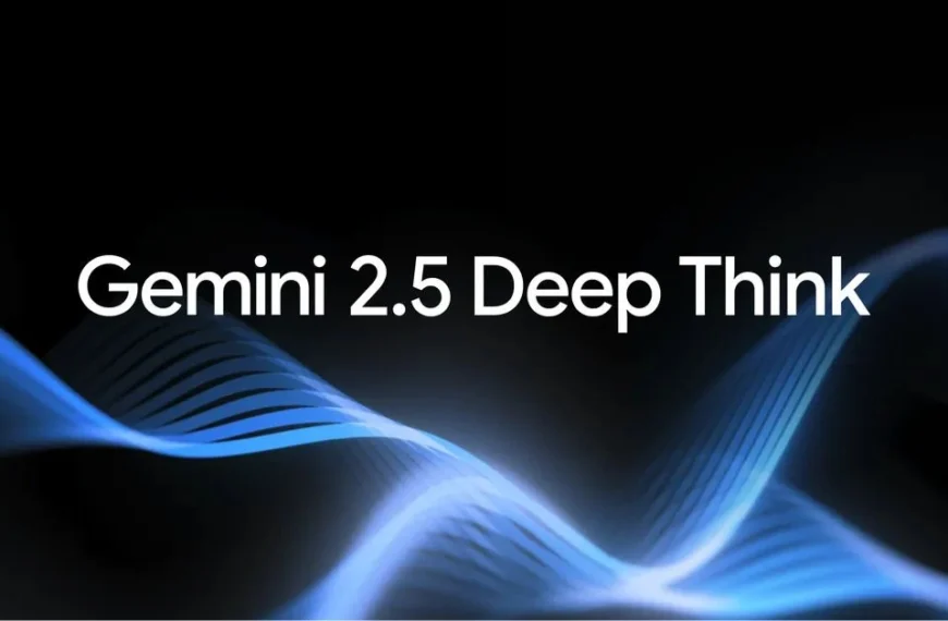 Gemini 2.5 Deep Think AI branding visual with abstract wave lines