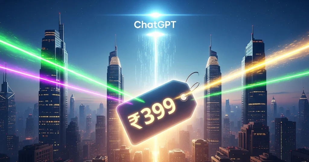 Futuristic Indian city skyline with glowing ₹399 price tag and ChatGPT logo symbolizing OpenAI’s affordable plan launch