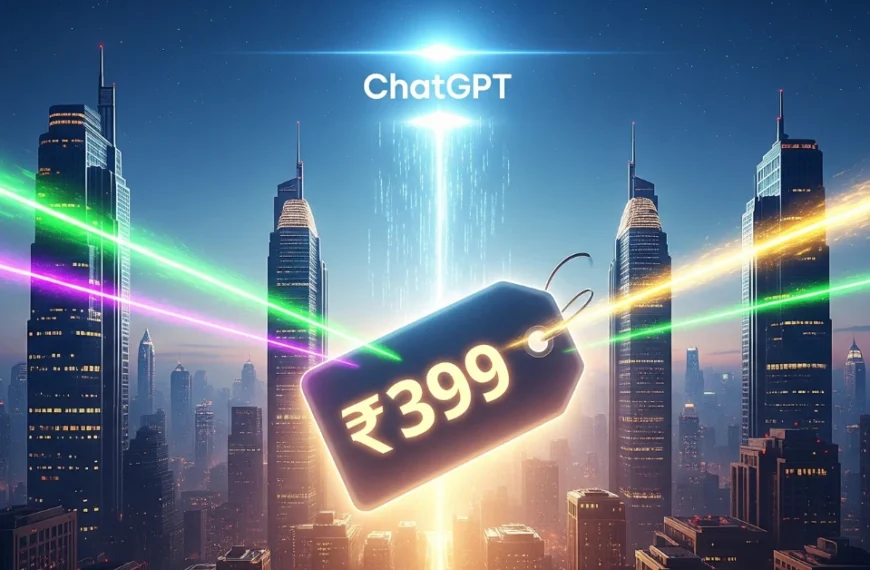 Futuristic Indian city skyline with glowing ₹399 price tag and ChatGPT logo symbolizing OpenAI’s affordable plan launch