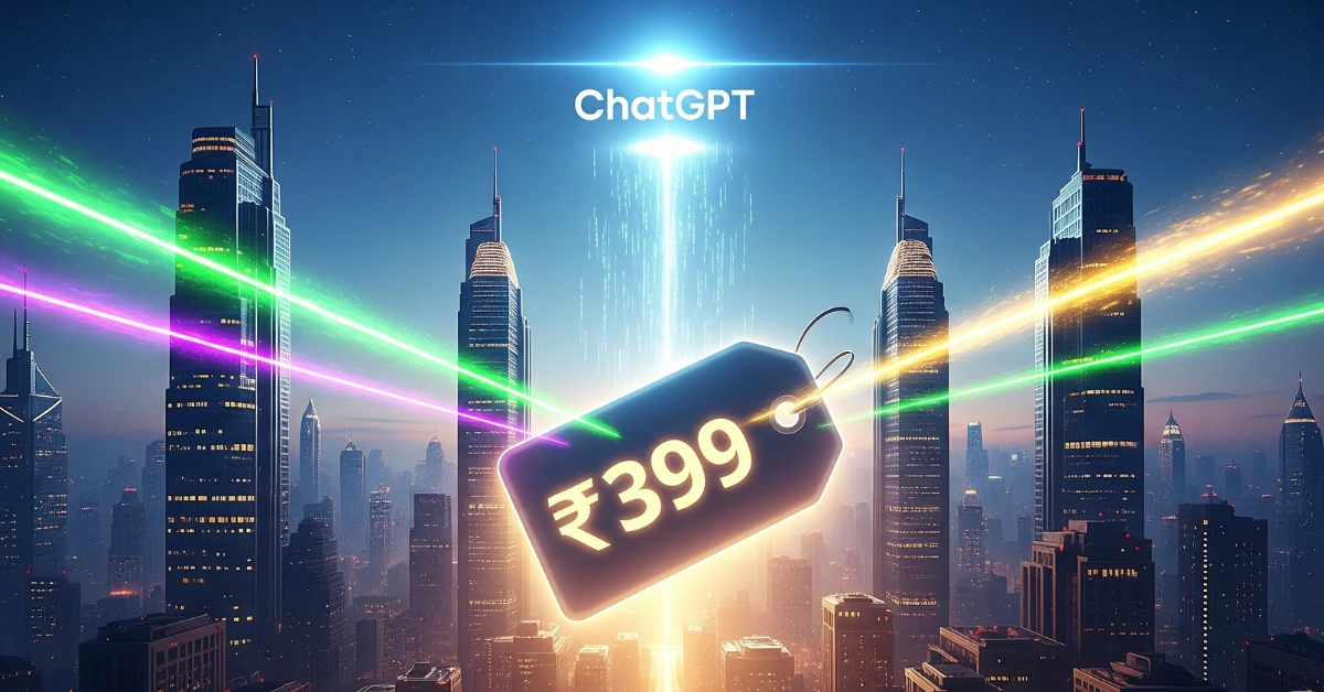 Futuristic Indian city skyline with glowing ₹399 price tag and ChatGPT logo symbolizing OpenAI’s affordable plan launch