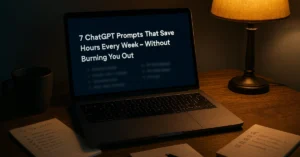 Laptop displaying ChatGPT productivity prompt list in a dimly lit workspace, with a coffee mug, to-do notes, and desk lamp for a focused work environment.