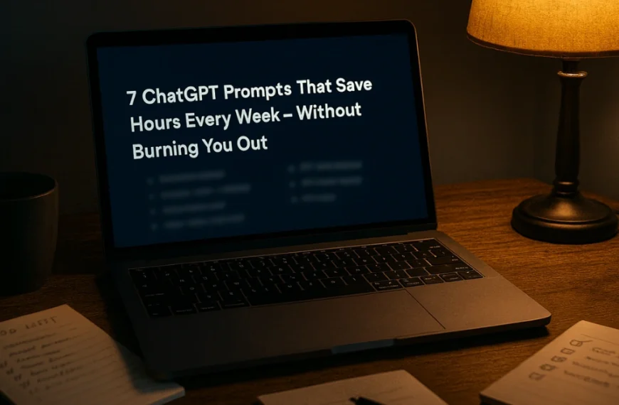Laptop displaying ChatGPT productivity prompt list in a dimly lit workspace, with a coffee mug, to-do notes, and desk lamp for a focused work environment.