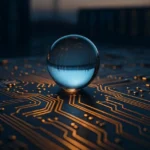 Single glowing water droplet on a circuit board with data center and power lines in the background, symbolizing the hidden environmental cost of an AI prompt.