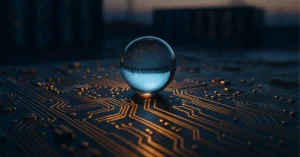 Single glowing water droplet on a circuit board with data center and power lines in the background, symbolizing the hidden environmental cost of an AI prompt.