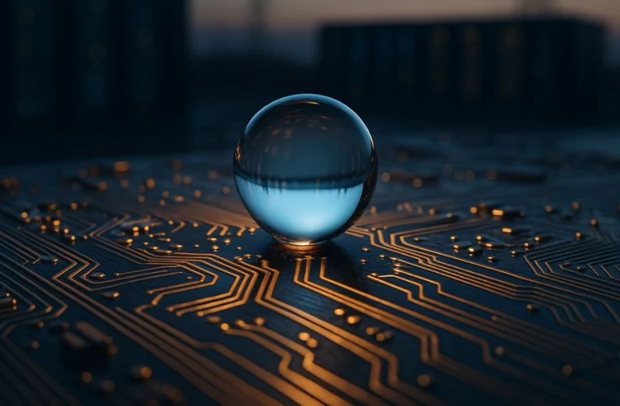Single glowing water droplet on a circuit board with data center and power lines in the background, symbolizing the hidden environmental cost of an AI prompt.