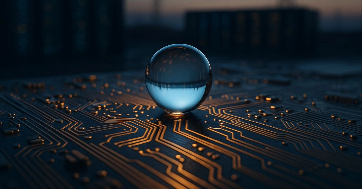 Single glowing water droplet on a circuit board with data center and power lines in the background, symbolizing the hidden environmental cost of an AI prompt.