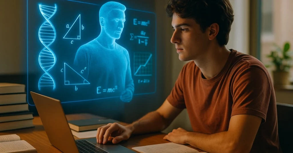 College student learning with Google Gemini’s Guided Learning mode, interacting with a holographic AI tutor displaying DNA models, math equations, and diagrams.
