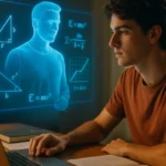 College student learning with Google Gemini’s Guided Learning mode, interacting with a holographic AI tutor displaying DNA models, math equations, and diagrams.