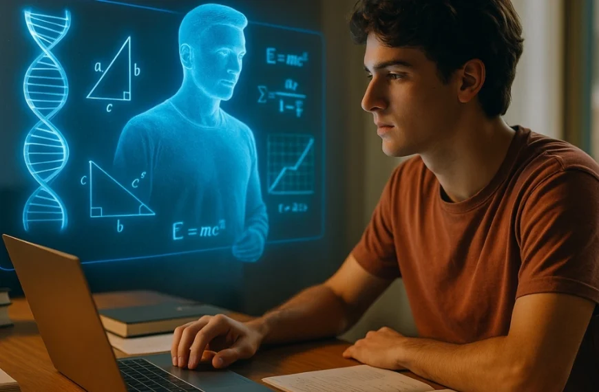 College student learning with Google Gemini’s Guided Learning mode, interacting with a holographic AI tutor displaying DNA models, math equations, and diagrams.