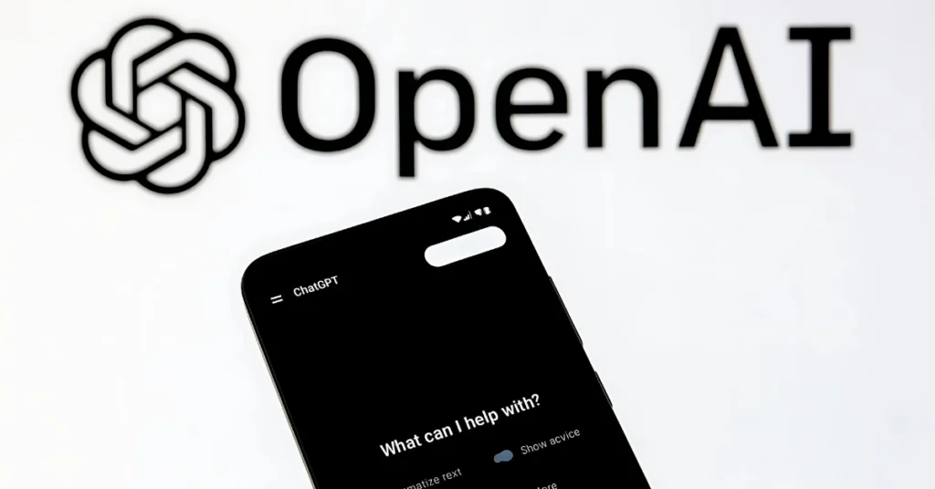 Smartphone showing ChatGPT app interface with OpenAI logo in the background